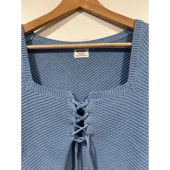 Women’s Minimalist Cotton On Cropped Knit front Tie Short Sleeve Sweater XS Blue - Picture 3 of 5